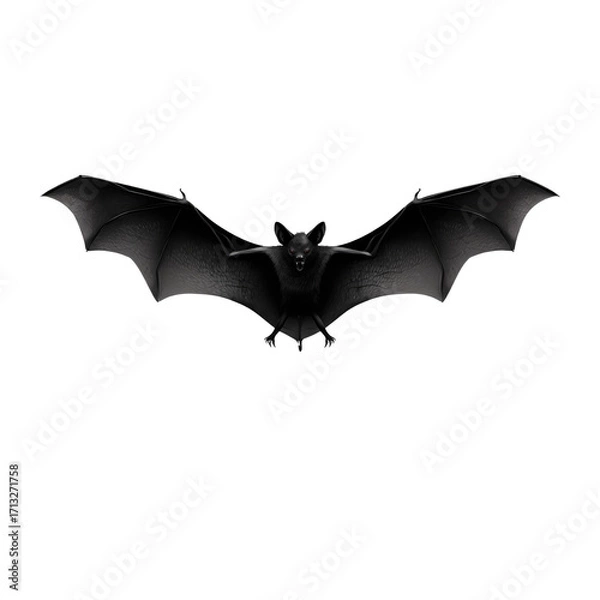 Fototapeta Ominous black bat with spread wings, isolated on white background, front view, with subtle shadow.

