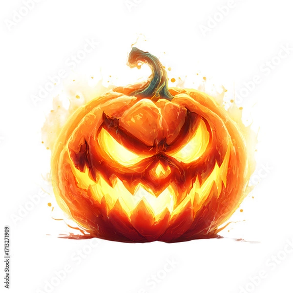 Fototapeta A carved jack-o'-lantern with a wicked grin and glowing eyes, surrounded by ethereal orange flames, isolated on a white background.
