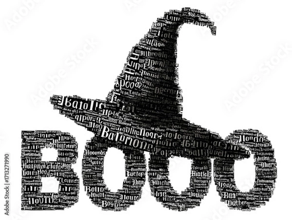 Fototapeta Halloween typography forming a witch's hat and the word "BOOO" against a white background. The text elements are densely packed and create a textured effect.

