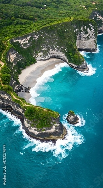 Obraz Aerial View of Turquoise Ocean Cliffside Beach Lush Greenery Dramatic Coastline.