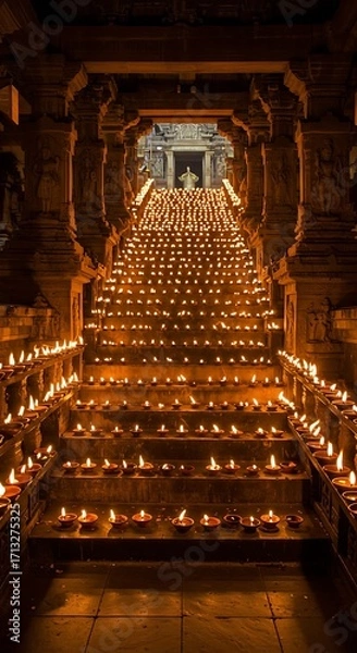 Fototapeta Ancient Temple Stairway Illuminated by Thousands of Tiny Candles.