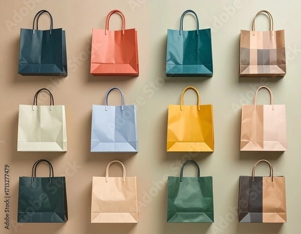 Fototapeta Flat lay of twelve colorful paper shopping bags with handles arranged neatly in a grid on a neutral background.