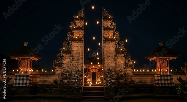 Fototapeta Balinese Temple at Night Floating Lanterns and Candlelight Ceremony.