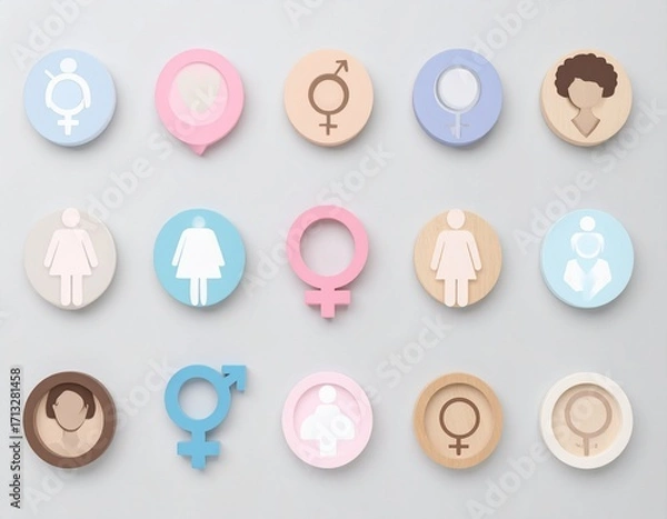 Fototapeta Collection of gender symbols and diverse representations of people, icons, and illustrations.