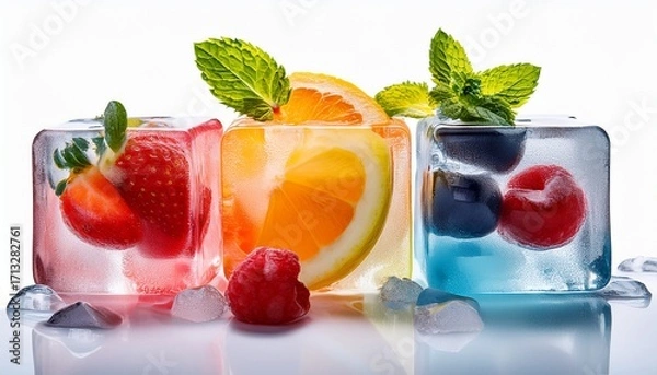 Fototapeta Colorful Ice Cubes With Fruits Isolated On White Background