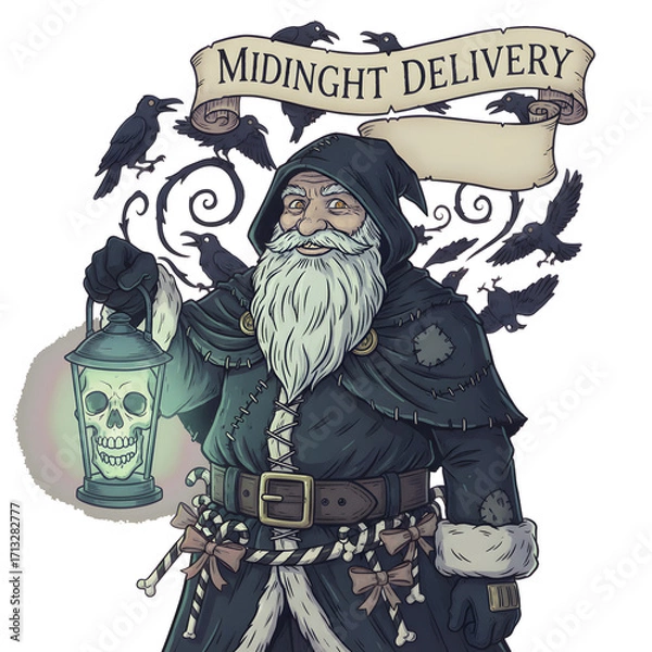 Fototapeta Midnight Delivery: Gothic Santa Claus with Skull Lantern & Crows - Dark Fantasy Christmas Illustration
