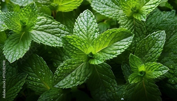 Fototapeta A Highly Detailed And Vivid Photograph Of Fresh Mint Leaves With Dew Drops