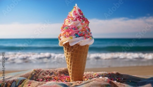 Fototapeta Sweet Beach Treat A Refreshing Ice Cream Cone Adorned With Colorful Sprinkles Sits Enticingly Against A Backdrop Of A Tranquil Seaside Scene