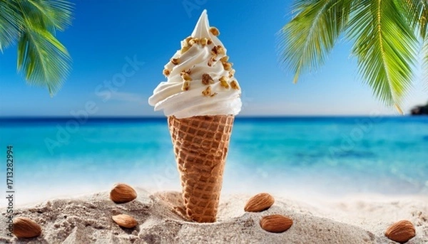 Fototapeta Delicious Vanilla Ice Cream Cone With Nuts On A Tropical Beach With Palm Trees And Blue Sea Perfect For A Summer Vacation Treat