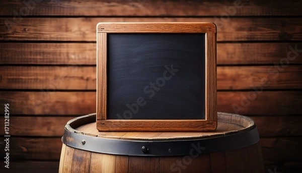 Fototapeta Wooden Framed Chalkboard On A Barrel With Textured Background Ideal For Mockups