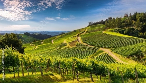 Fototapeta Rows Of Vibrant Grapevines Cover The Hillside With Winding Paths Leading Through The Lush Greenery On A Sunny Day
