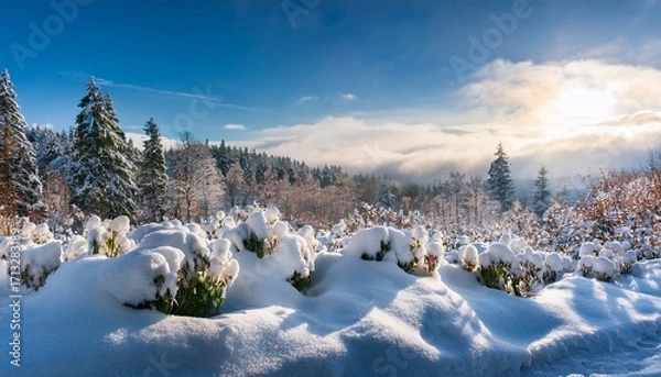 Fototapeta Enchanting Winter Wonderland With Snow Covered Flowers And Serene Landscape Featuring Seasonal Elements And Tranquil Atmosphere For Holiday Inspirations