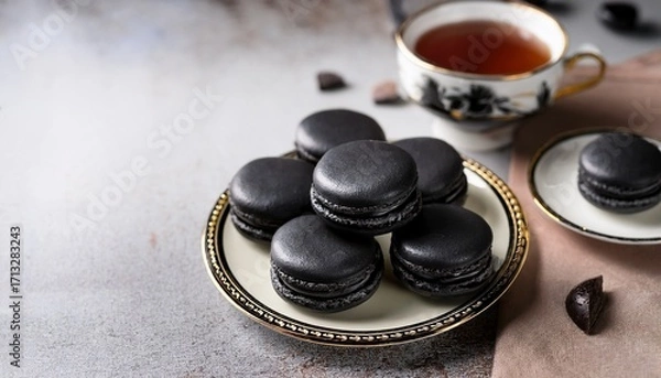 Fototapeta Black Macaron Dessert Recipe With Tea Cup On Table For Sweet Tooth Cravings And Afternoon Tea Party Ideas