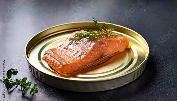 Fototapeta Tinned Fish Tinned Salmon Fish Fillet In Can With Herbs Ready To Eat