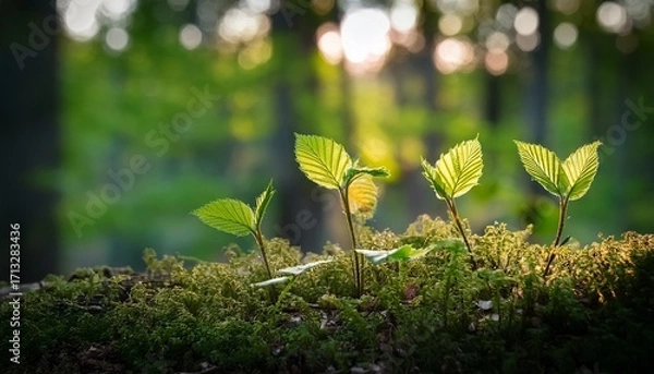 Fototapeta Hornbeam Carpinus Betulus Tree Sprouts Germinated In The Wild In The Forest From Seed