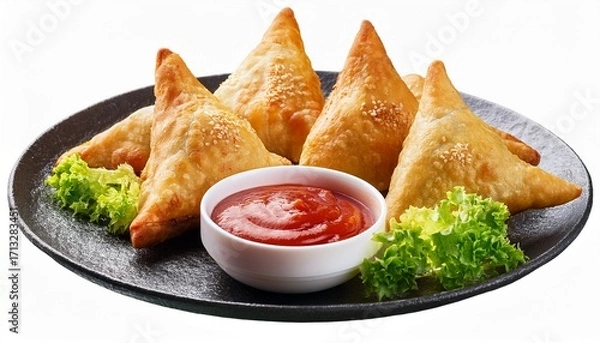 Fototapeta Delicious Samosas With Ketchup And Lettuce Isolated On Transparent Background