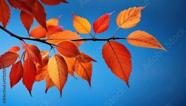 Fototapeta Autumnal Leaves On A Branch With Vibrant Orange And Red Hues Against A Blue Background