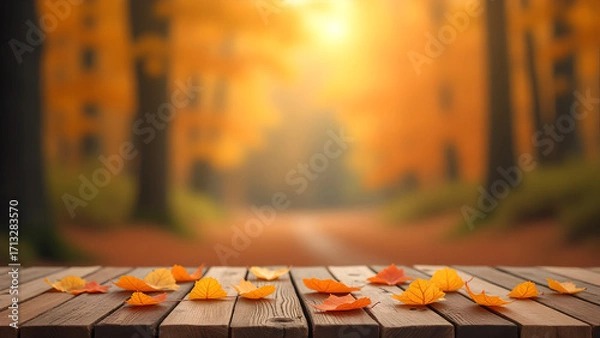 Fototapeta Rustic wooden table with autumn leaves, blurred forest background in warm orange and gold tones, warm seasonal atmosphere.