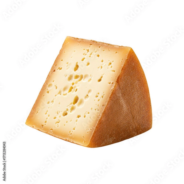 Fototapeta Triangular Cut of Pale Yellow Cheese with Holes and Brown Rind on Transparent Background