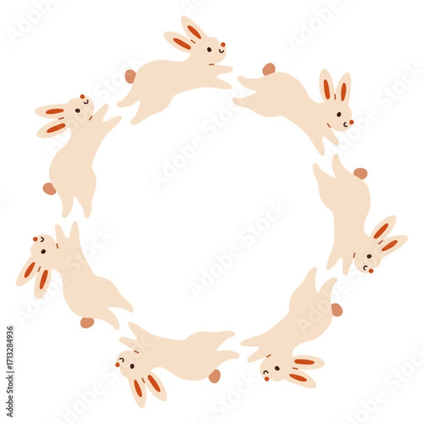 Fototapeta Autumn rabbit circle frame. Round border made of doodle hand drawn fall elements. Arranged in a circle for stickers, banners, cards, ads. Vector flat isolated on white background.