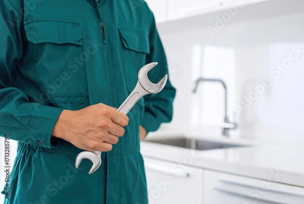 Fototapeta 緑の作業着で工具を持つ作業員