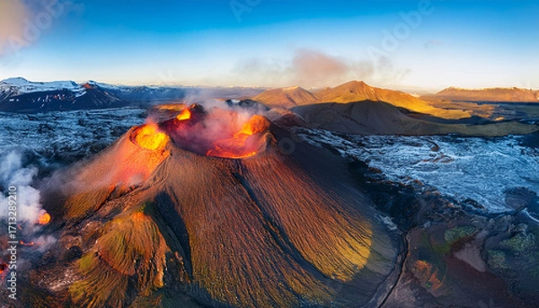 Fototapeta Active Volcano Erupting Lava and Smoke Under a Clear Blue Sky in Iceland Keywords: volcano, eruption, lava, smoke