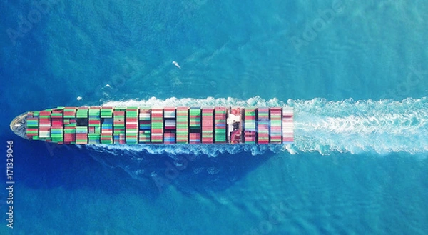 Obraz Mega huge fully loaded container ship at sea aerial top down