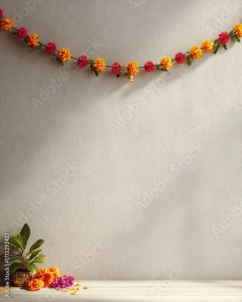 Obraz Modern plain wall decorated with a small Deepavali garland in a clean minimalist style.