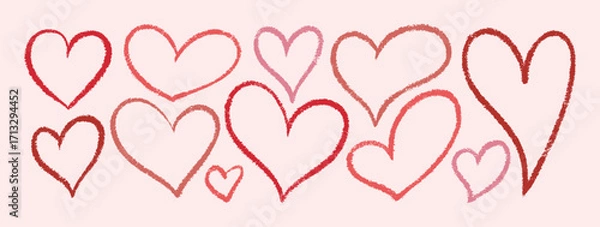 Fototapeta Crayon Hearts. Vector Chalk and Pencil Heart Shape in Pink Color. Hand Drawn Doodle Lipstick Love Icon Set in Kids Style for Web Design, Patterns, Logos, Valentines Day Cards
