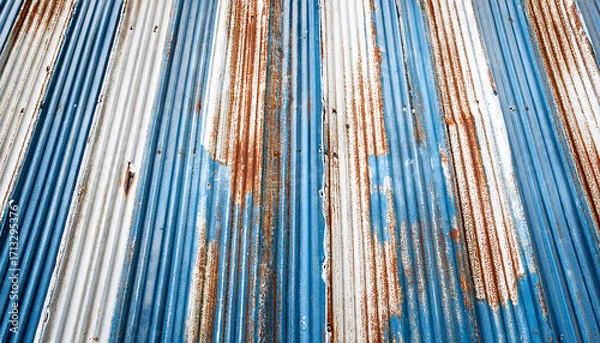 Fototapeta Angled view of weathered corrugated metal with peeling blue and white paint and rust streaks