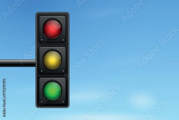 Fototapeta Vector 3d Traffic Light with Red Yellow Green Signals. Urban Traffic Light on Pole. Realistic Traffic Light for Road Safety, City Transportation Rules and Driving Education Concept