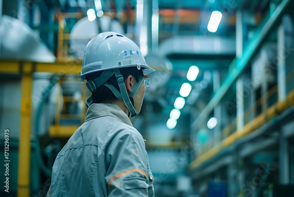 Fototapeta 工場で未来を見つめる日本人製造作業員の後ろ姿