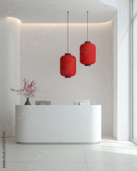 Fototapeta Minimalist office reception decorated with two red lanterns hanging, celebrating Lunar New Year.