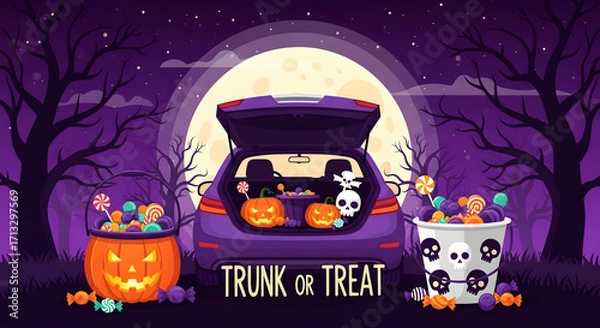 Fototapeta Halloween trunk or treat event with candy and pumpkins