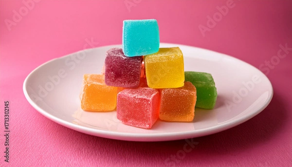 Fototapeta Assortment of Vibrant Jelly Cubes Piled on a White Plate with Pink Textured Background
