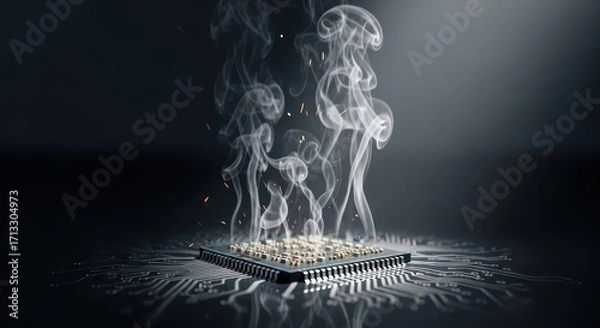 Fototapeta Overheated processor with rising smoke and circuit board pattern implications for hardware damage