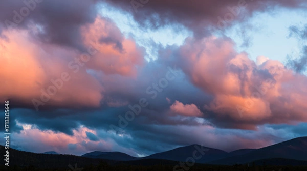 Fototapeta Sunset, beautiful rosy clouds, and the afterglow on the horizon
