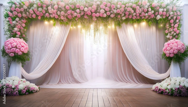 Fototapeta Beautiful wedding stage decorated with a floral arch of pink roses and draped white curtains