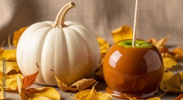 Fototapeta Pumpkin and Caramel Apple with Autumn Leaves