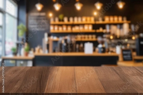 Fototapeta Empty wooden table set against a softly blurred coffee shop backdrop, perfect for showcasing products in a warm, inviting atmosphere