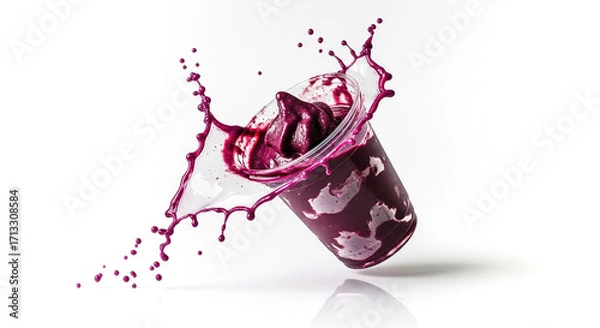 Fototapeta Acai smoothie splash in plastic cup, dynamic frozen motion with juice explosion effect.
