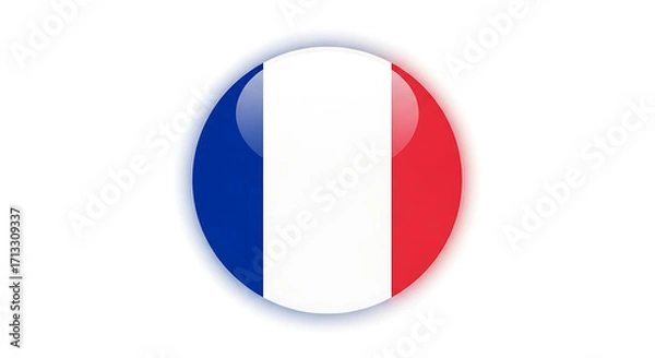 Obraz A glossy, circular button icon showcasing the blue, white, and red striped flag of France.