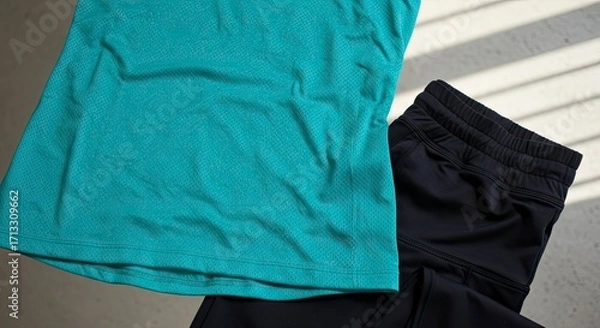 Fototapeta Turquoise Mesh Tank Top and Black Athletic Shorts on Textured Surface with Sunlight