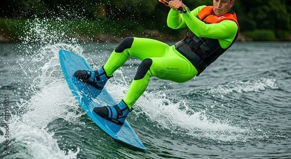 Fototapeta Wakeboarder in Action: Dynamic Water Sport with Vibrant Gear and Splashing Water