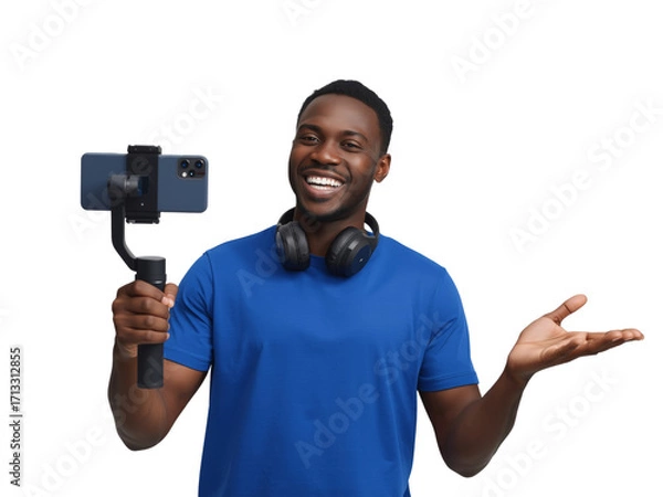 Fototapeta Enthusiastic content creator showcasing mobile device on stabilizer for engaging digital