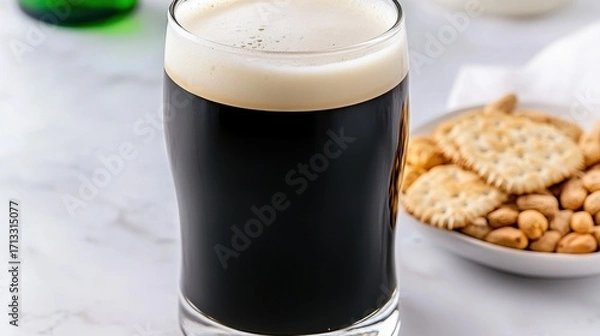 Fototapeta Dark Beer in Glass with Snacks on Table for Refreshing Evening