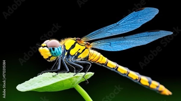 Fototapeta Vibrant Dragonfly Resting on Green Leaf with Black Background