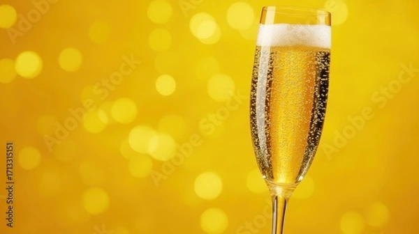 Fototapeta Sparkling Champagne in Flute Glass Against Golden Bokeh Background