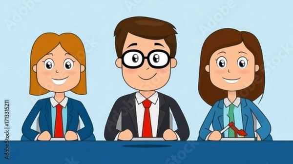 Fototapeta Happy Team of Cartoon Characters in Business Attire at Table
