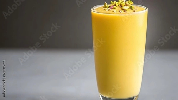 Fototapeta Refreshing Mango Smoothie with Nut Topping in Tall Glass